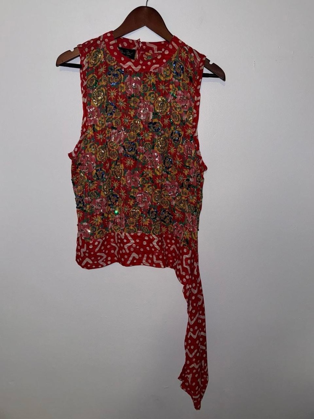 VINTAGE 80s Diane Freis Sequin Pleated Floral Top Red Multi Print Boho